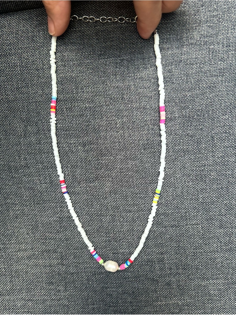White Beaded Necklace with Multicolor Accents and Single Pearl